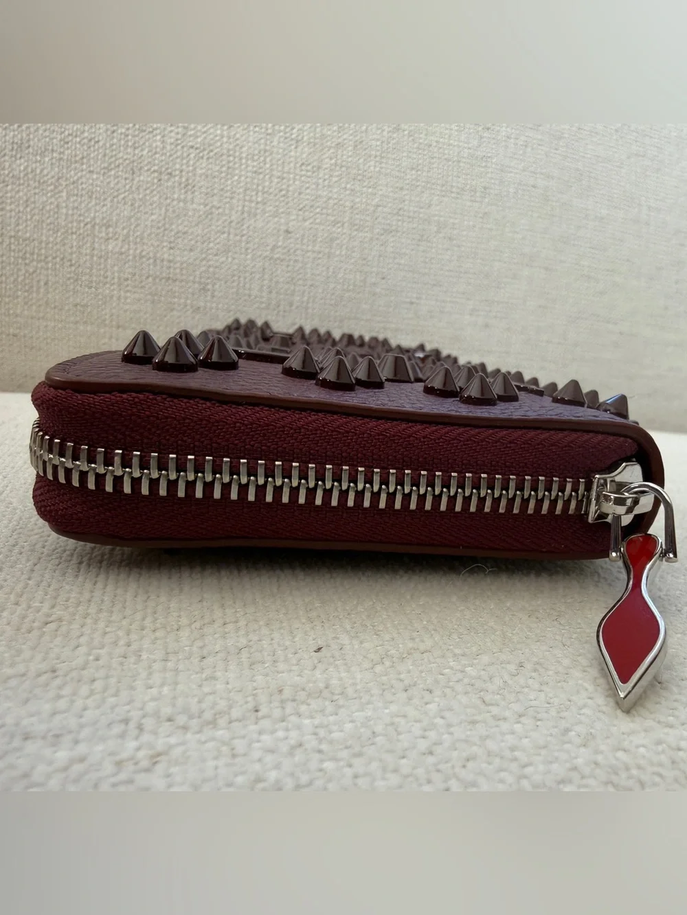 Like New Authentic Christian Louboutin Panettone Spiked Leather Wallet in Merlot